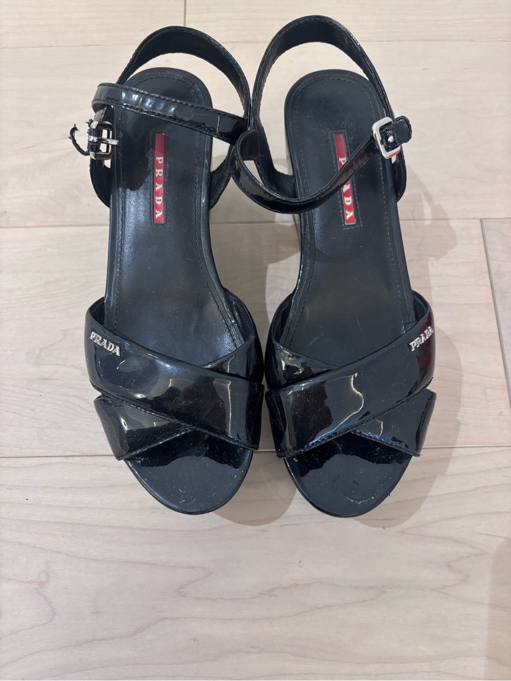 Prada Black Patent Leather Crisscross Slingback Sandals - Picture 1 of 5